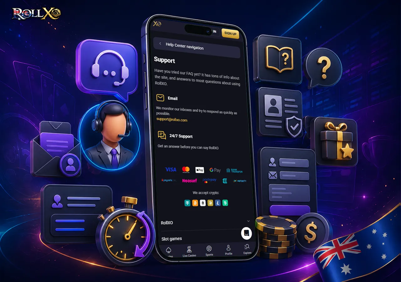 Customer support scene with live help, verification guidance and a calm service atmosphere