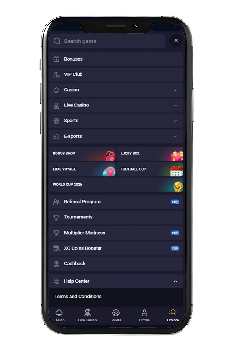 A screenshot of the main menu on the phone