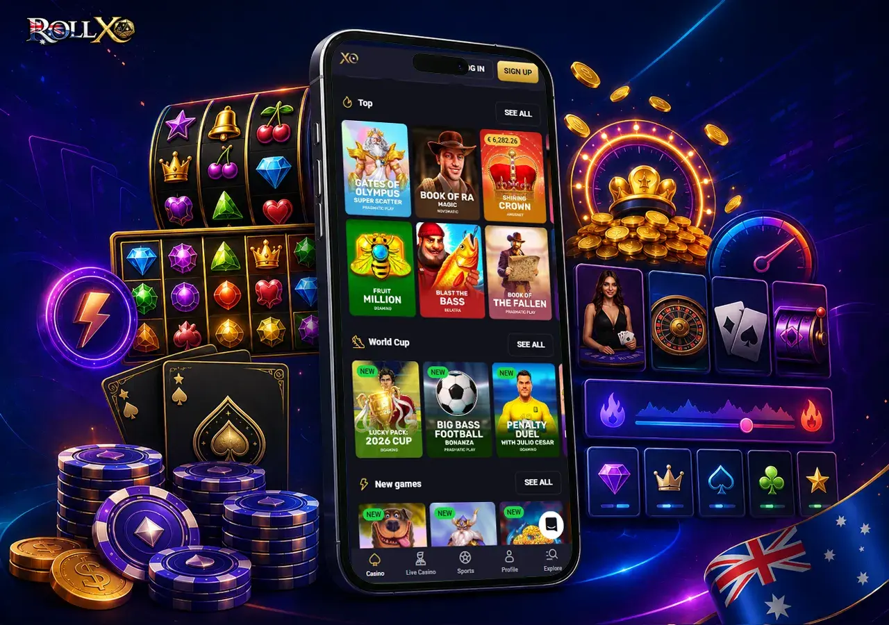 RollXO game library shown as a vibrant lobby with pokies, jackpots and live casino energy